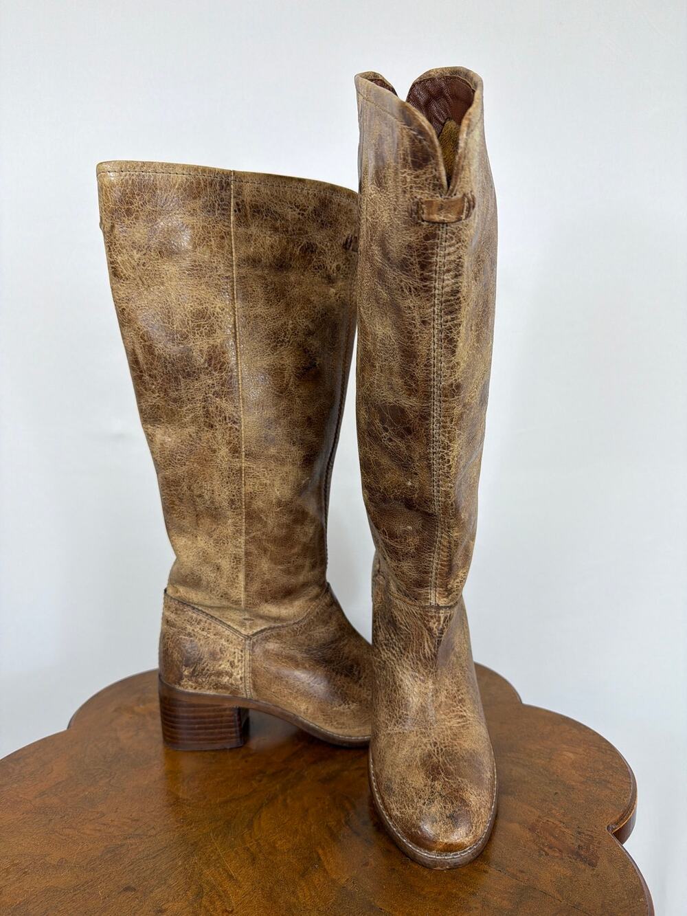 Diba True Brown Distressed Leather Pull On 2 Inch Heel Tall Boots Size 9.5 NWOB